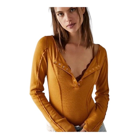 Free People Tops - Free People Sloane Bodysuit‎ Thermal Dark Yellow XS New